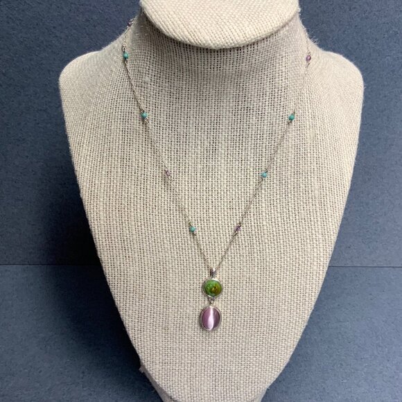 Monet Pendant Necklace 15 In Green Round Floral Purple Oval Turquoise Silver - Picture 1 of 7
